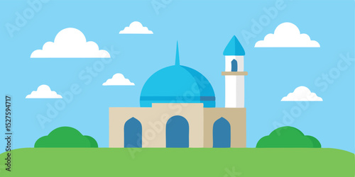 Cartoon Mosque Standing on Flat Grassy Ground Animation Background Scene Vector Illustration