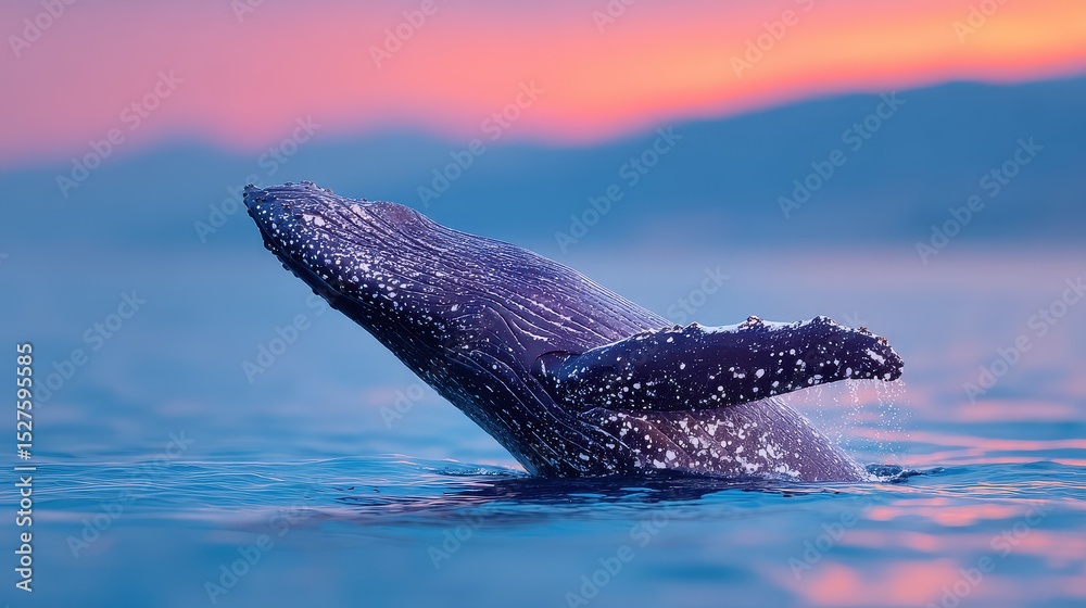 Obraz premium Whale breaches in tranquil waters at sunset, showcasing nature’s majestic beauty in a serene environment. Shark Awareness Day and Shark Week