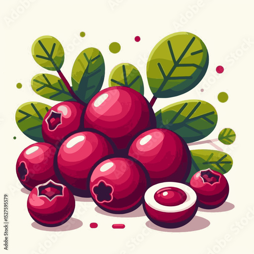A graphic style depiction of cranberries with leaves featuring a halfcut berry against a light background