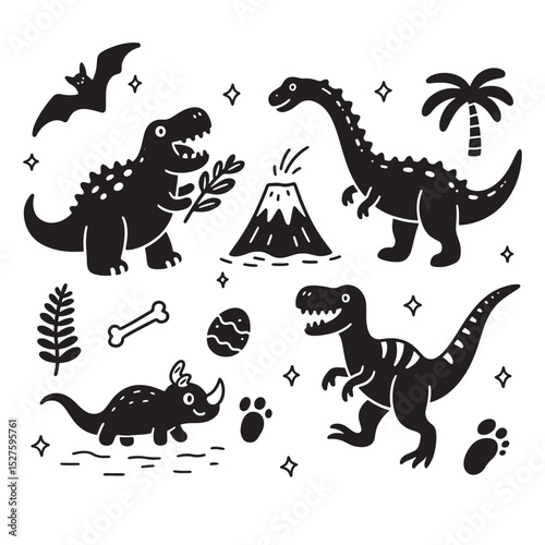 Dinosaur Silhouette Set with Volcano and Plants