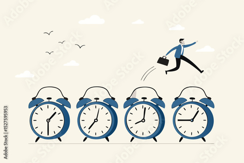 Time management, procrastination or work productivity, finish project within deadline, work efficiency or planning, fast pace project concept, businessman expert jumping on time passing alarm clock.