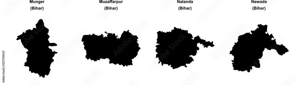 Obraz premium Munger, Muzaffarpur, Nalanda, Nawada outline maps