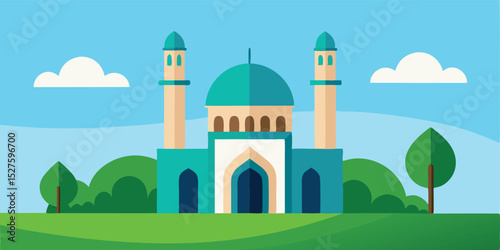 Cartoon Mosque Found in Grassy Field Nature Background Scene Vector Illustration