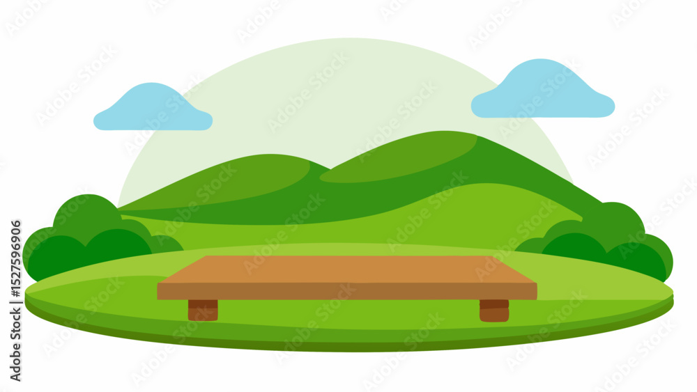 Fototapeta premium Tranquil Peaceful Countryside Meadow with a Rustic Wooden Platform Vector Clip Art Illustration