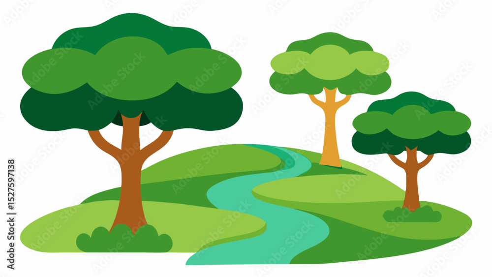 Fototapeta premium Tranquil Peaceful Riverside Forest with Scattered Boulders and Lush Greenery Vector Illustration Background