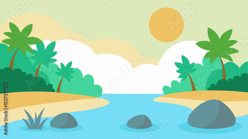 Bright Sunny Forest Clearing with Smooth Stones and Tropical Plants Vector Illustration Background