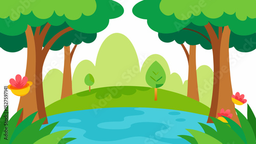 Vibrant Lush Cartoon Jungle with Tall Tree Trunks Arching Above Vector Illustration Background