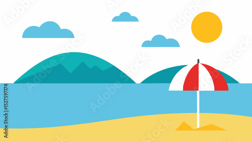 Cheerful Sunny Beach Scene with Colorful Umbrella Distant Sailboats and Rolling Mountains Vector Illustration Background