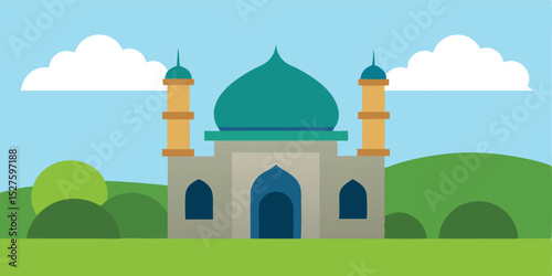 Cartoon Mosque Situated in Grassy Plain Nature Background Scene Vector Illustration