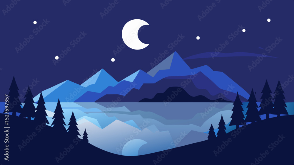 Obraz premium Tranquil Serene Starry Night Scene with Majestic Pine Trees and Glowing Light Vector Illustration Background