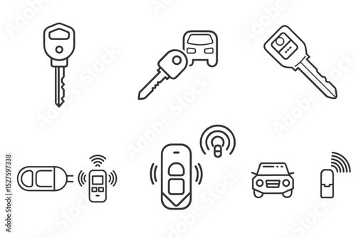 Car Keys and Security Alarm Icon Set for Automotive Websites, Vehicle Protection Apps and Smart Car Control System Illustrations