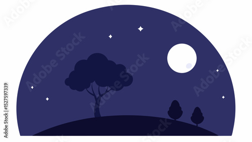 Dreamy Romantic Night Horizon with Glowing Full Moon and Scattered Clouds Vector Illustration Background