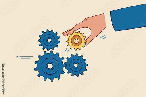 Business solution to fix problem, expertise and skill to drive success, leadership to connect business part strategy concept, businessman hand put important gear or cogwheel to make machine run good.