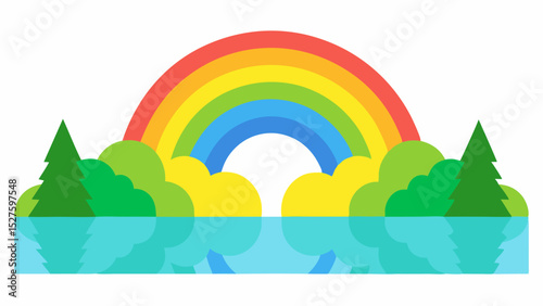 Magical Bright Forest Clearing with Twin Rainbows and Lakeside View Vector Illustration Background