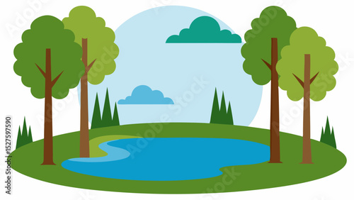 Peaceful Forest Pond with Grassy Edge and Tree Trunks Framing the Water Vector Illustration Background