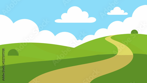 Enchanting Fantasy Style Countryside Path Winding Through Green Hills Vector Illustration Background