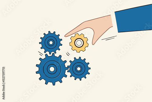 Business solution to fix problem, expertise and skill to drive success, leadership to connect business part strategy concept, businessman hand put important gear or cogwheel to make machine run good.