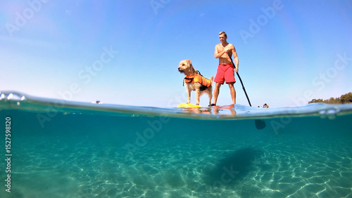 Man and his dog paddleboard on a clear, blue ocean. Underwater perspective showcases the tranquil water and their reflection.