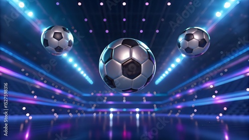 Futuristic Digital Soccer Background with Holographic Balls, Neon Stats, and Cyber-Stadium in Blue, Purple, Silver 