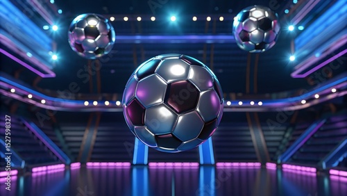 Futuristic Digital Soccer Background with Holographic Balls, Neon Stats, and Cyber-Stadium in Blue, Purple, Silver 