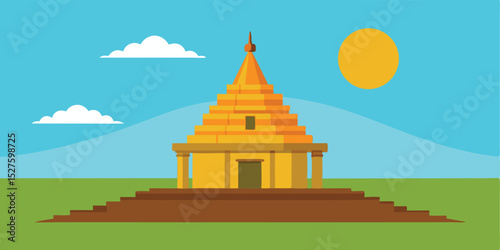Hindu Temple on Vacant Open Grassland with Blue Sky Cartoon Background Scene Vector Illustration