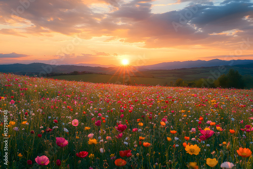 Tuscan Wildflower Meadow Sunset, Warm Palette Landscape for Travel Promotion