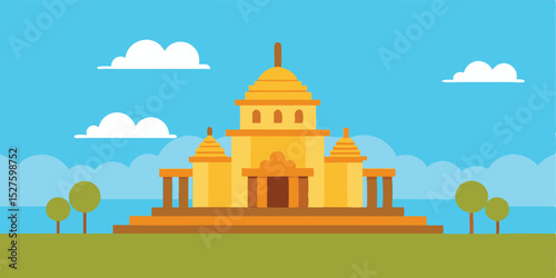 Hindu Temple Standing on Empty Open Grassland with Cloudy Sky Cartoon Background Scene Vector Illustration