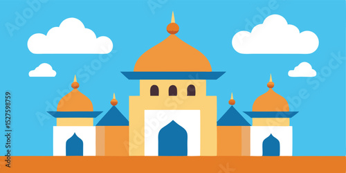 Hindu Temple with Elementary Form Domes Under Cartoon Sunset Background Scene Vector Illustration