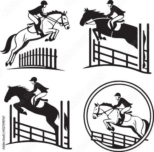 Set of 4 horse jumping vector silhouettes in various positions and styles. Great for bundle designs or digital downloads.