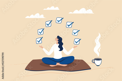 Work focus, concentration to complete tasks, efficiency or productivity success, multitasking, organize or planning to finish work concept, businesswoman meditate focus on work completed checkbox.