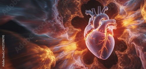 Powerful Visual: Human Heart Amidst Fiery Nebula - Anatomy Art