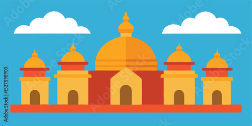 Hindu Temple with Minimalist Domes Under a Cartoon Sunset Background Scene Vector Illustration