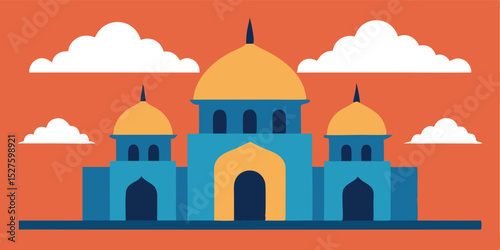 Hindu Temple with Simple Domes Under a Bright Cartoon Sunset Background Scene Vector Illustration