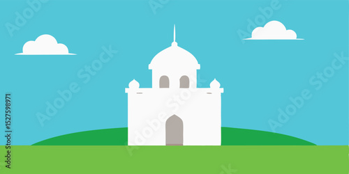 Extra Small White Masjid in Open Green Grassland Cartoon Background Scene Vector Illustration