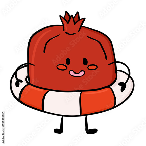 Cute hand drawn pomegranate character with a lifebuoy and cheerful face in kawaii style. Represents summer fun, fruit freshness and playful personality with a sweet vibe