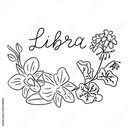 Libra zodiac illustration with elegant floral wreath and graceful handwritten script. Symbolizes balance, beauty and harmony through botanical and astrological art