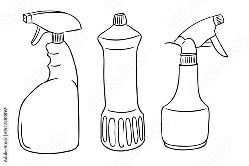 Hand drawn illustration of three cleaning bottles including spray and detergent containers. Represents hygiene, household chores and sanitation tools in minimal line art style