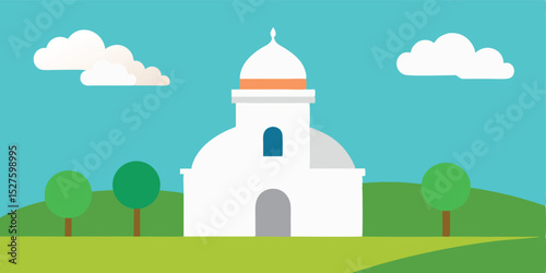 Minute White Masjid Placed in Open Green Landscape Cartoon Background Scene Vector Illustration
