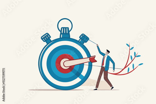 Time management to finish work within deadline, productivity or efficiency to reach goal, project timeline concept, smart businessman holding bow after shot at bullseye target on stopwatch.