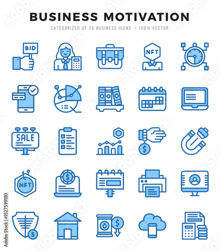 Business Motivation Icons Pack. Two Color icons set. Two Color icon collection set.