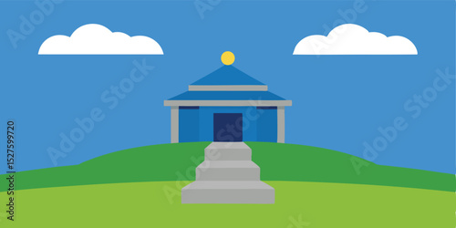 Weathered Stone Temple on a Grassy Hill Under Clear Blue Sky Calm View Vector Clip Art Illustration