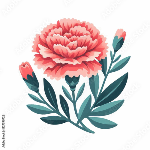 A stylized pink carnation flower with green leaves and unopened buds on a white background