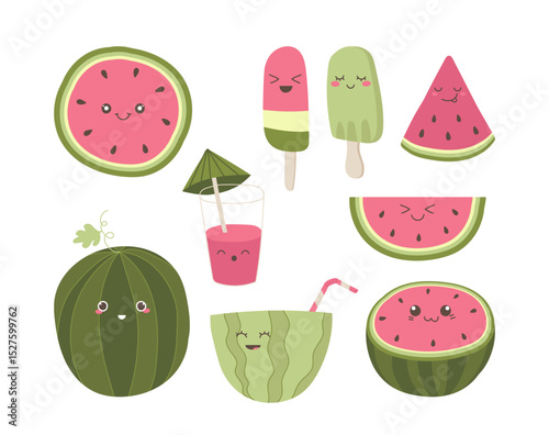 Happy watermelon summer treats, snacks and drinks kawaii cartoon characters isolated set on white