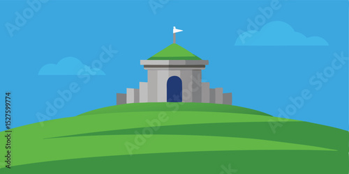 Old Stone Temple on a Grassy Hill Under Clear Blue Sky Serene Scene Vector Clip Art Illustration