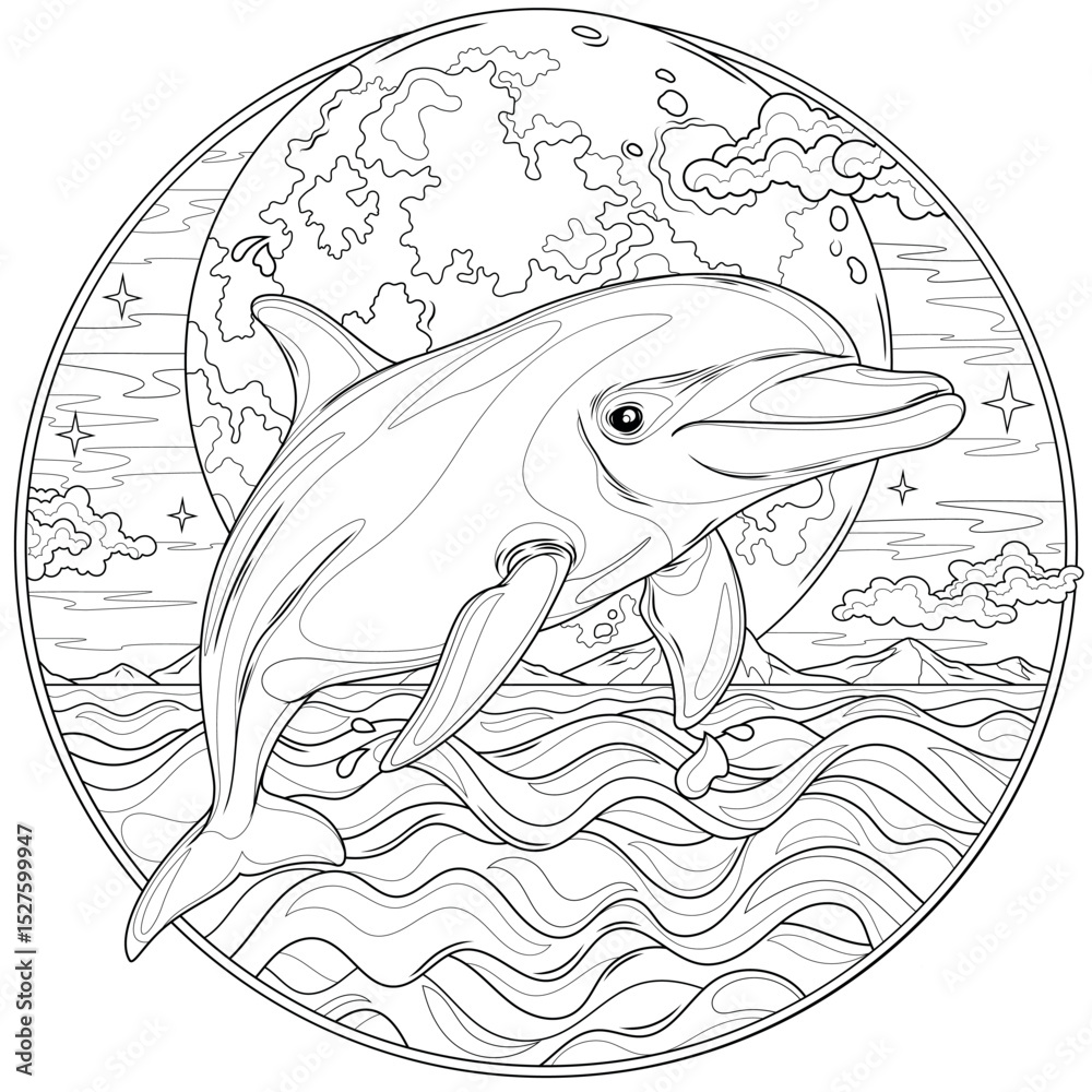Fototapeta premium Dolphin jumps out of the sea against the backdrop of a full moon.Coloring book antistress for children and adults.
