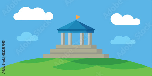 Peaceful Stone Temple on a Grassy Hill with Clear Blue Sky Serene Vector Clip Art Illustration