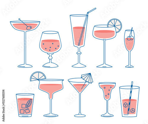 Cocktail glasses line art isolated set with different alcoholic beverages and non-alcohol drinks