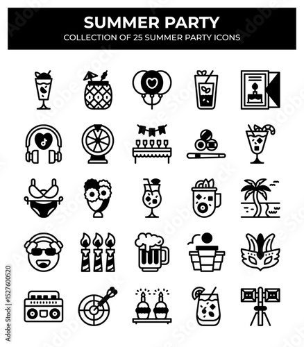 Summer Party Icons. 25 Unique Summer Party Glyphs