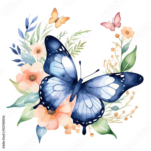Elegant Blue Butterfly with Floral Background in Watercolor Style for Nature and Art Enthusiasts