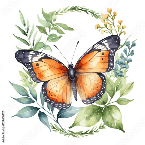 Vibrant Monarch Butterfly with Lush Greenery and Delicate Flowers in Watercolor Illustration